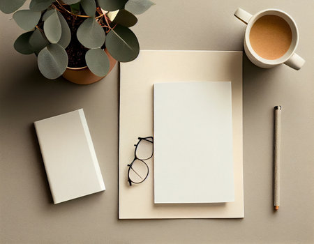 Flatlay Paper Mockup on Table, Modern and Minimalistic Design Created with Generative AIの素材
