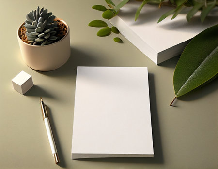 Flatlay Paper Mockup on Table, Modern and Minimalistic Design Created with Generative AIの素材