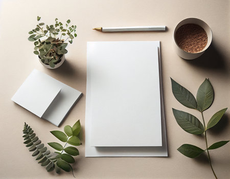 Flatlay Paper Mockup on Table, Modern and Minimalistic Design Created with Generative AIの素材
