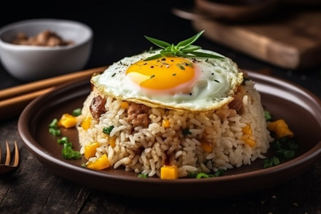 Fried Rice with Fried Egg, Delicious Food Photography Illustration Created with Generative AIの素材