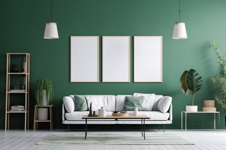 Green Living Room Interior Design - Stylish and Cozy Furniture, Houseplants, and Natural Light, Created with Generative AIの素材