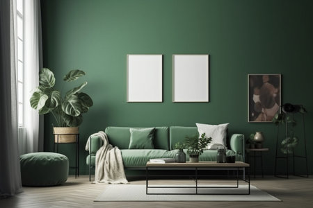 Green Living Room Interior Design - Stylish and Cozy Furniture, Houseplants, and Natural Light, Created with Generative AIの素材