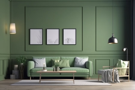 Green Living Room Interior Design - Stylish and Cozy Furniture, Houseplants, and Natural Light, Created with Generative AIの素材
