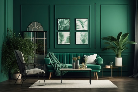 Green Living Room Interior Design - Stylish and Cozy Furniture, Houseplants, and Natural Light, Created with Generative AIの素材
