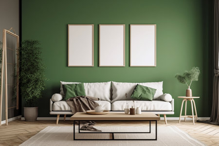 Green Living Room Interior Design - Stylish and Cozy Furniture, Houseplants, and Natural Light, Created with Generative AIの素材