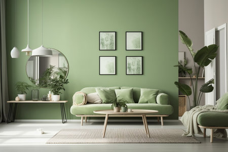 Green Living Room Interior Design - Stylish and Cozy Furniture, Houseplants, and Natural Light, Created with Generative AIの素材