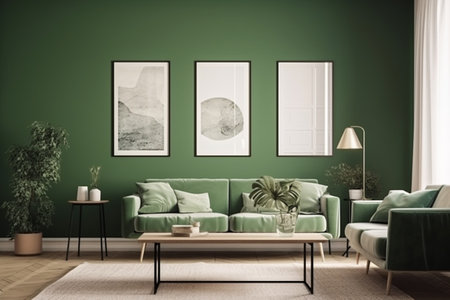 Green Living Room Interior Design - Stylish and Cozy Furniture, Houseplants, and Natural Light, Created with Generative AIの素材