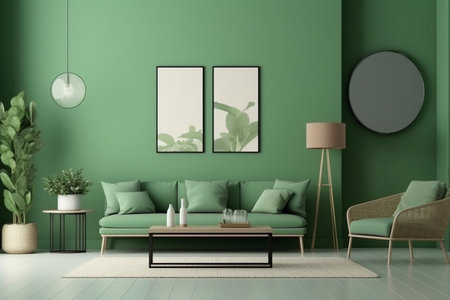 Green Living Room Interior Design - Stylish and Cozy Furniture, Houseplants, and Natural Light, Created with Generative AIの素材