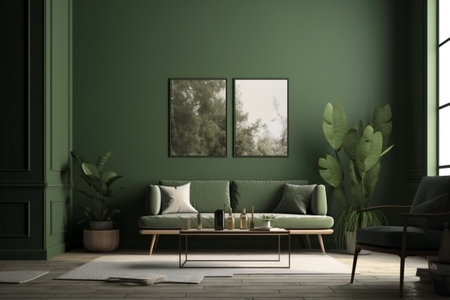 Green Living Room Interior Design - Stylish and Cozy Furniture, Houseplants, and Natural Light, Created with Generative AIの素材