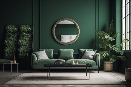Green Living Room Interior Design - Stylish and Cozy Furniture, Houseplants, and Natural Light, Created with Generative AIの素材