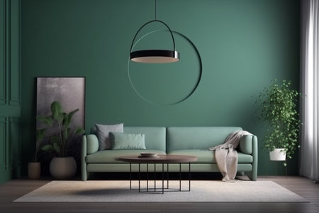 Green Living Room Interior Design - Stylish and Cozy Furniture, Houseplants, and Natural Light, Created with Generative AIの素材
