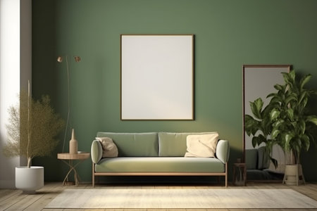 Green Living Room Interior Design - Stylish and Cozy Furniture, Houseplants, and Natural Light, Created with Generative AIの素材