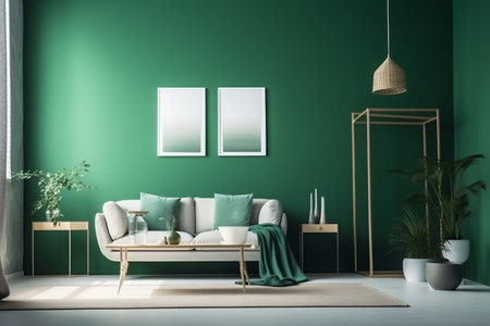 Green Living Room Interior Design - Stylish and Cozy Furniture, Houseplants, and Natural Light, Created with Generative AIの素材