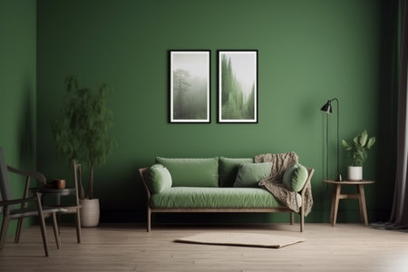 Green Living Room Interior Design - Stylish and Cozy Furniture, Houseplants, and Natural Light, Created with Generative AIの素材