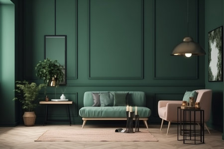 Green Living Room Interior Design - Stylish and Cozy Furniture, Houseplants, and Natural Light, Created with Generative AIの素材