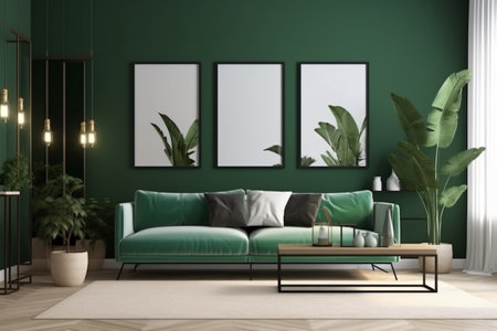 Green Living Room Interior Design - Stylish and Cozy Furniture, Houseplants, and Natural Light, Created with Generative AIの素材