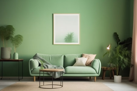 Green Living Room Interior Design - Stylish and Cozy Furniture, Houseplants, and Natural Light, Created with Generative AIの素材