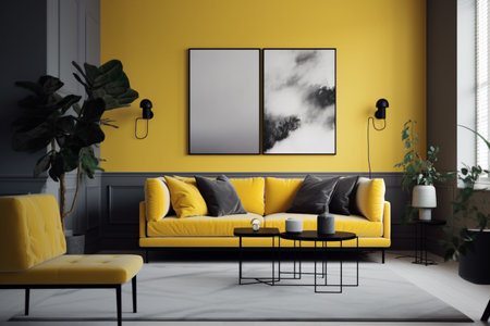 Yellow Living Room Interior Design Created with Generative AIの素材