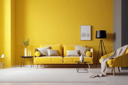 Yellow Living Room Interior Design Created with Generative AIの素材