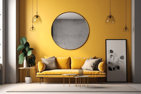 Yellow Living Room Interior Design Created with Generative AIの素材