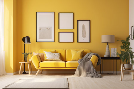 Yellow Living Room Interior Design Created with Generative AIの素材