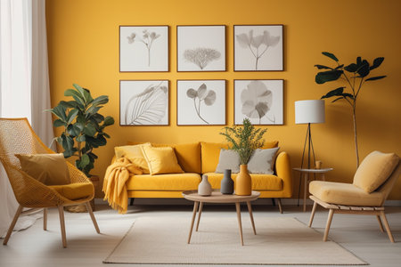 Yellow Living Room Interior Design Created with Generative AIの素材