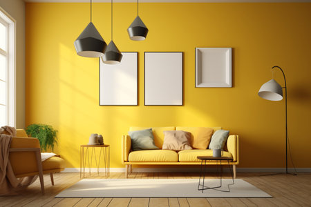 Yellow Living Room Interior Design Created with Generative AIの素材