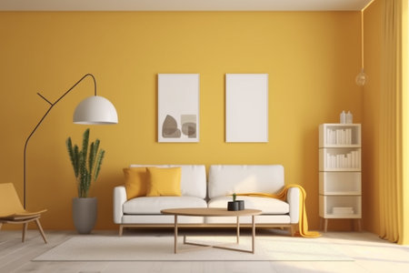 Yellow Living Room Interior Design Created with Generative AIの素材