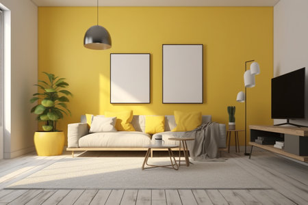 Yellow Living Room Interior Design Created with Generative AIの素材