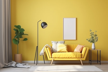 Yellow Living Room Interior Design Created with Generative AIの素材