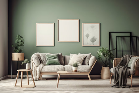 Green Sage Living Room Interior Design - Modern, Minimalistic, and Cozy, Created with Generative AIの素材