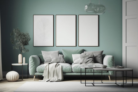 Green Sage Living Room Interior Design - Modern, Minimalistic, and Cozy, Created with Generative AIの素材