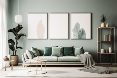 Green Sage Living Room Interior Design - Modern, Minimalistic, and Cozy, Created with Generative AIの素材