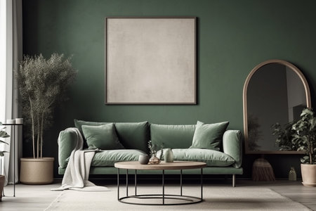 Green Sage Living Room Interior Design - Modern, Minimalistic, and Cozy, Created with Generative AIの素材