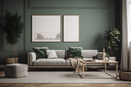 Green Sage Living Room Interior Design - Modern, Minimalistic, and Cozy, Created with Generative AIの素材