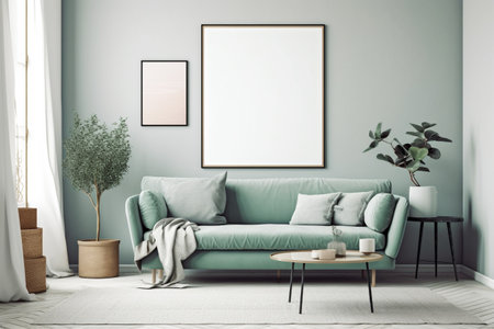 Green Sage Living Room Interior Design - Modern, Minimalistic, and Cozy, Created with Generative AIの素材