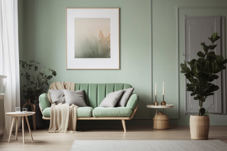 Green Sage Living Room Interior Design - Modern, Minimalistic, and Cozy, Created with Generative AIの素材
