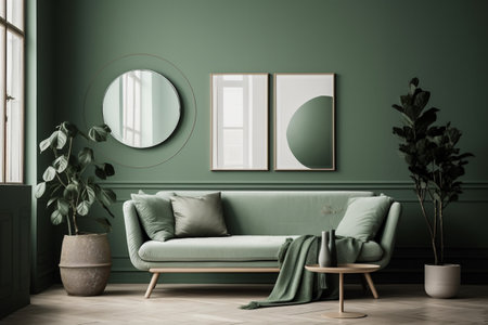 Green Sage Living Room Interior Design - Modern, Minimalistic, and Cozy, Created with Generative AIの素材