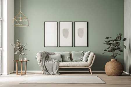 Green Sage Living Room Interior Design - Modern, Minimalistic, and Cozy, Created with Generative AIの素材