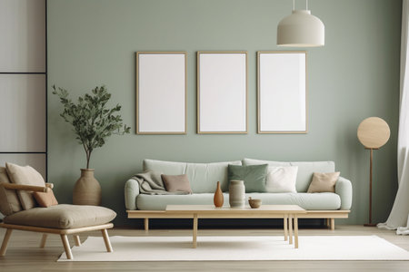 Green Sage Living Room Interior Design - Modern, Minimalistic, and Cozy, Created with Generative AIの素材