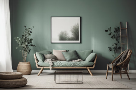 Green Sage Living Room Interior Design - Modern, Minimalistic, and Cozy, Created with Generative AIの素材
