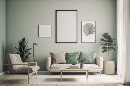 Green Sage Living Room Interior Design - Modern, Minimalistic, and Cozy, Created with Generative AIの素材