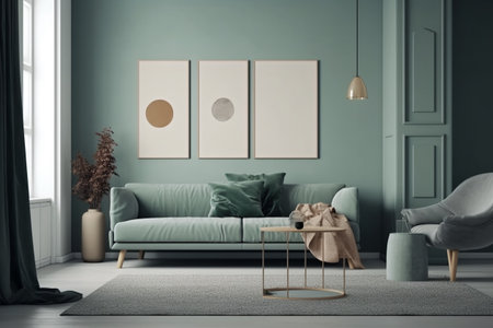 Green Sage Living Room Interior Design - Modern, Minimalistic, and Cozy, Created with Generative AIの素材