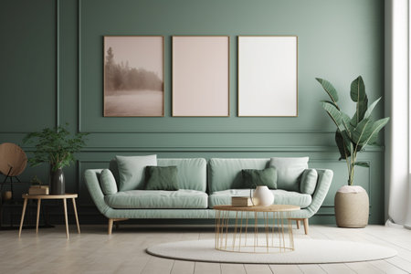 Green Sage Living Room Interior Design - Modern, Minimalistic, and Cozy, Created with Generative AIの素材