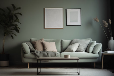 Green Sage Living Room Interior Design - Modern, Minimalistic, and Cozy, Created with Generative AIの素材