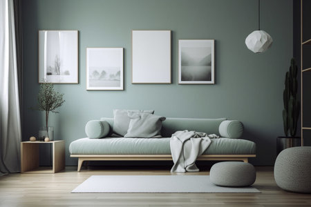 Green Sage Living Room Interior Design - Modern, Minimalistic, and Cozy, Created with Generative AIの素材