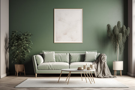 Green Sage Living Room Interior Design - Modern, Minimalistic, and Cozy, Created with Generative AIの素材