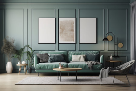 Green Sage Living Room Interior Design - Modern, Minimalistic, and Cozy, Created with Generative AIの素材