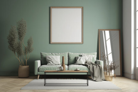 Green Sage Living Room Interior Design - Modern, Minimalistic, and Cozy, Created with Generative AIの素材