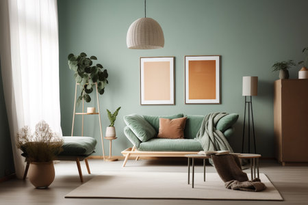 Green Sage Living Room Interior Design - Modern, Minimalistic, and Cozy, Created with Generative AIの素材